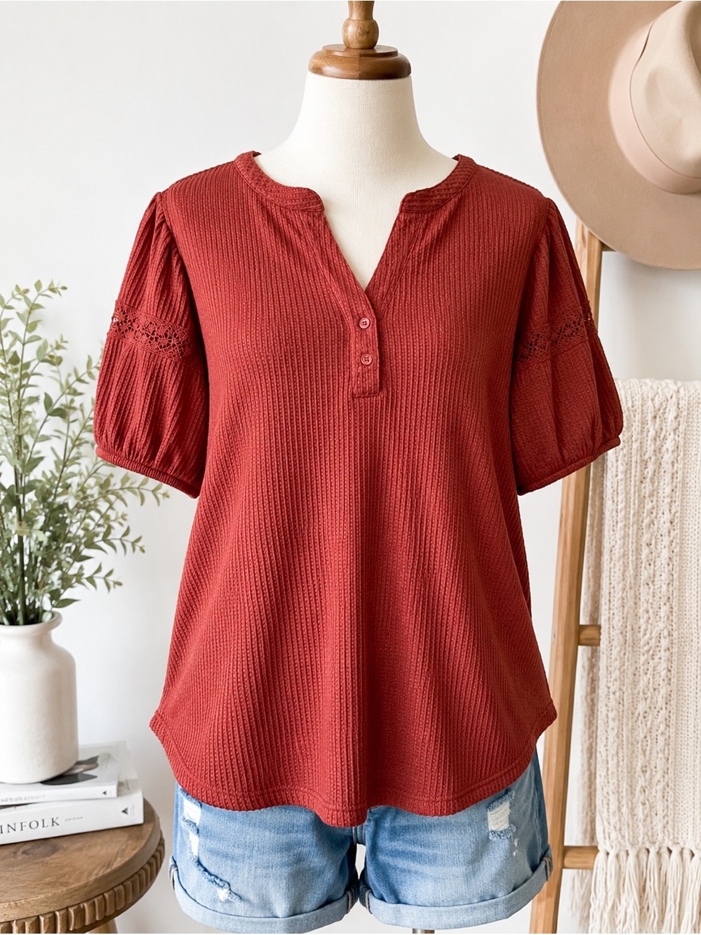 Fred David Waffle Knit Lace Sleeve Henley Top | Rust Red | 2X